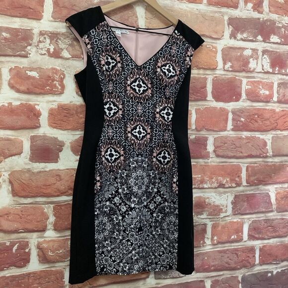 Maggy London Dress Women's Size 6 Black Pink Boho Abstract Stretchy Zip Up - Picture 2 of 10